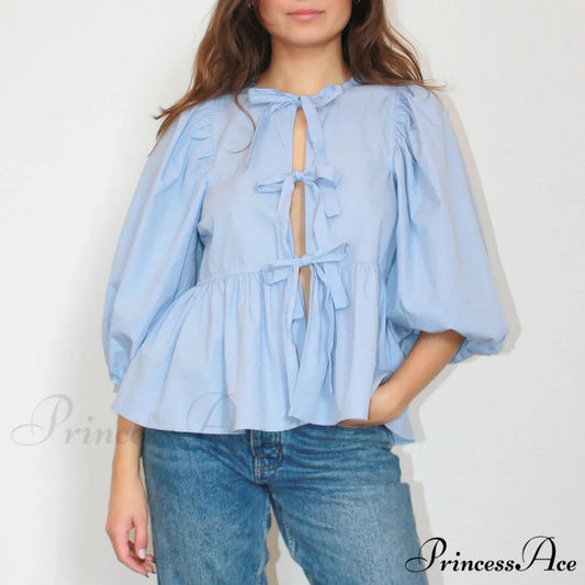 Puff Brief Sleeve Peplum Bind Front Blouse blouse-250223