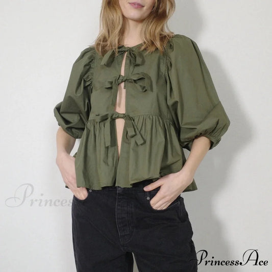 Puff Brief Sleeve Peplum Bind Front Blouse army green / S blouse-250223