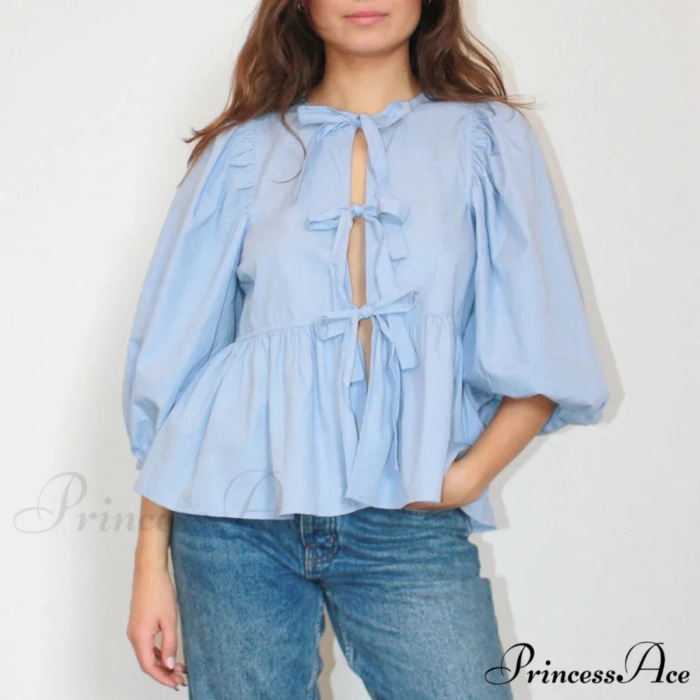 Puff Brief Sleeve Peplum Bind Front Blouse Blue / S blouse-250223