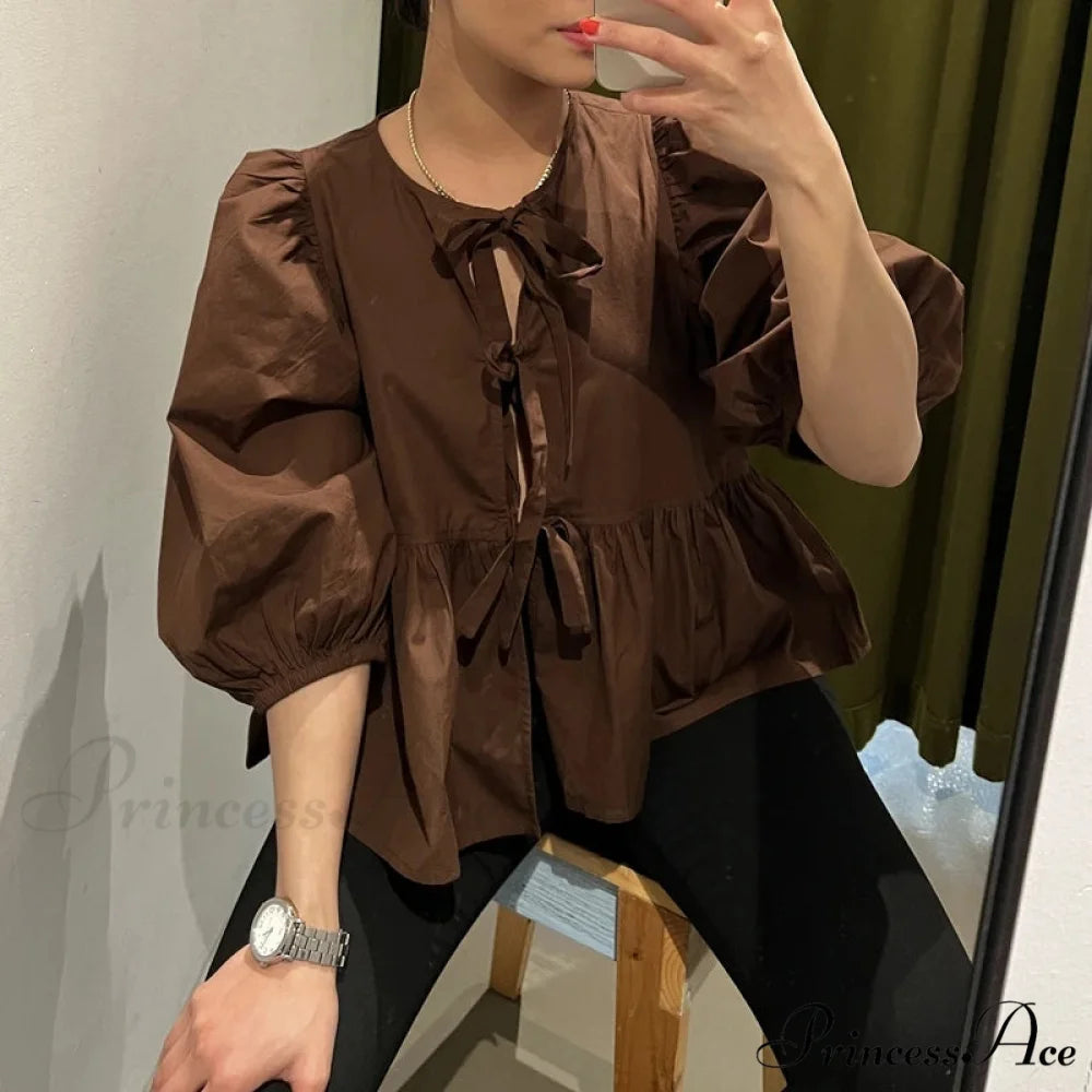 Puff Brief Sleeve Peplum Bind Front Blouse Dark Brown / S blouse-250223