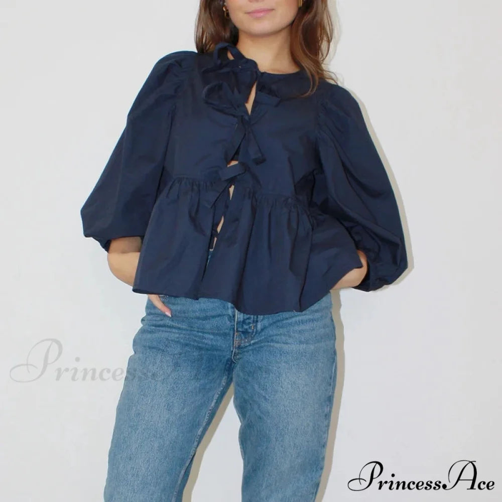 Puff Brief Sleeve Peplum Bind Front Blouse Navy Blue / S blouse-250223