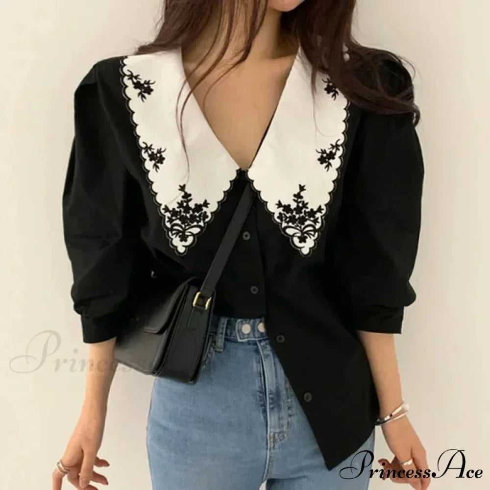 Puff Extended Sleeve Flower Stitch Blouse blouse-250223