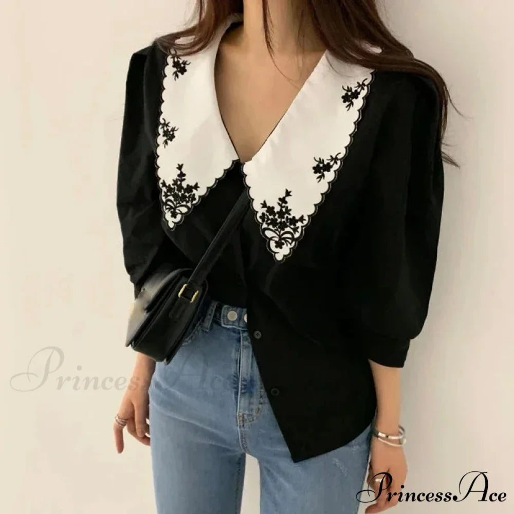 Puff Extended Sleeve Flower Stitch Blouse blouse-250223