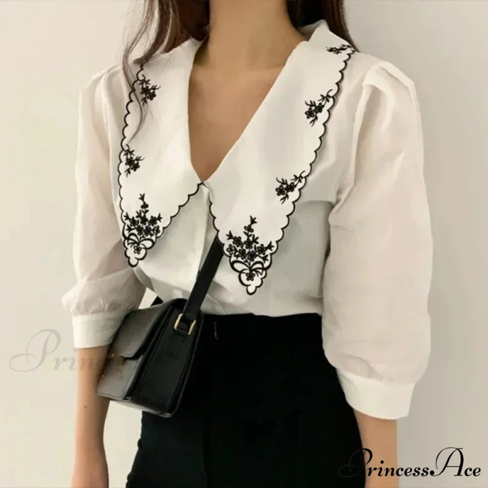 Puff Extended Sleeve Flower Stitch Blouse blouse-250223