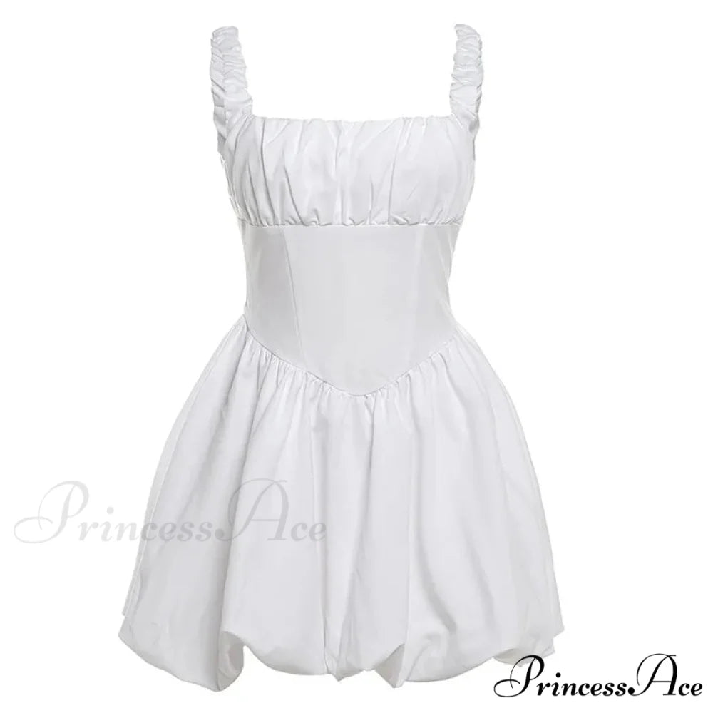 Puff Flare Square Charming Neck Strap Mini Dress White / M