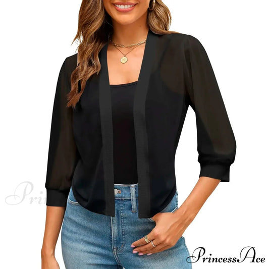 Puff Sleeve Bolero Open Front Fashion Dressy Cropped Sheer Chaquetas Korean Outer Warm Chic Stylish Elegant Fashionable