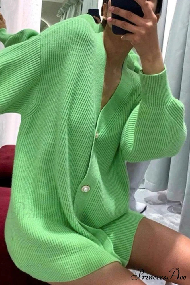 Puff Sleeve Cardigan with Pearl Buttons Green / L