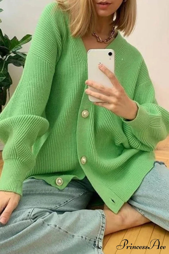 Puff Sleeve Cardigan with Pearl Buttons Green / M