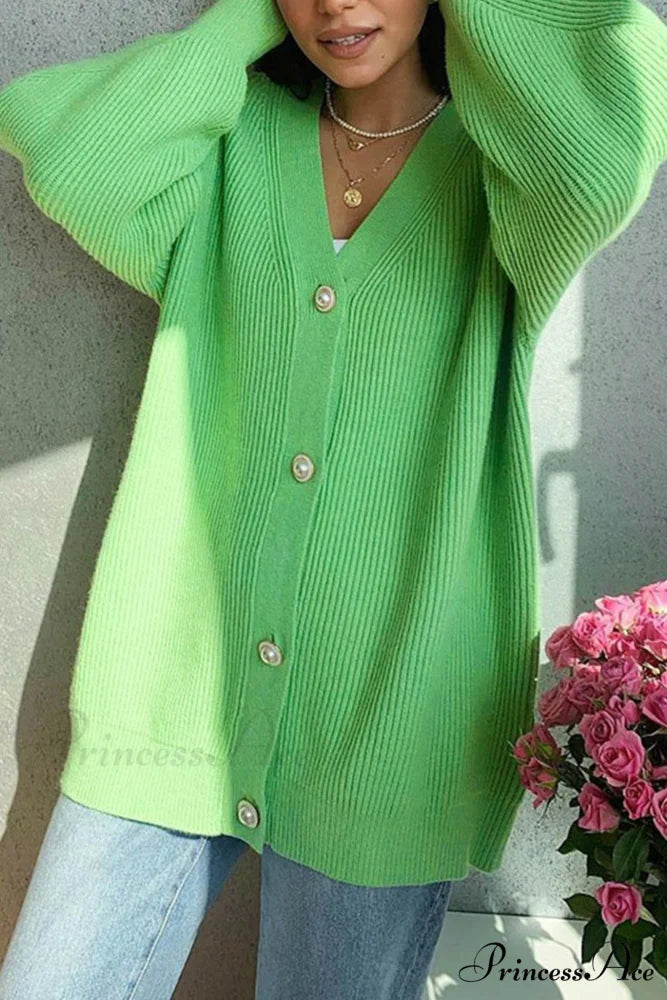 Puff Sleeve Cardigan with Pearl Buttons Green / S
