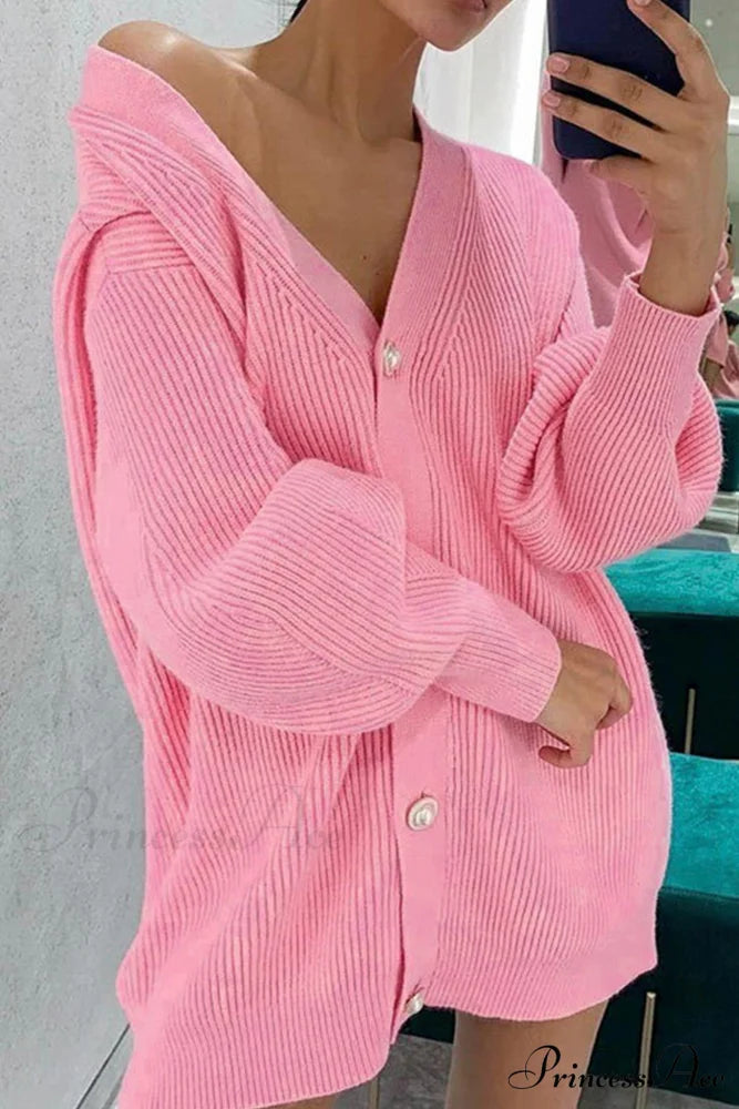 Puff Sleeve Cardigan with Pearl Buttons Pink / S