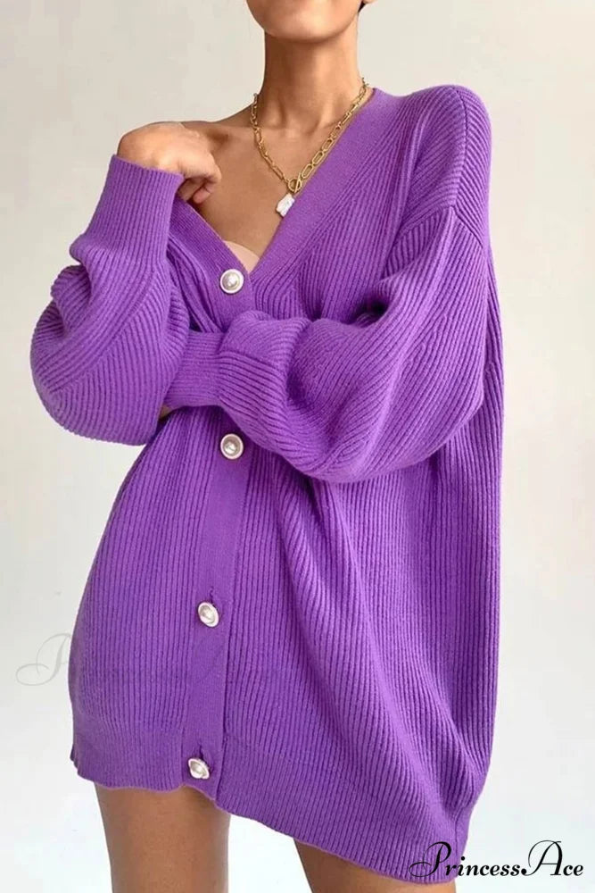 Puff Sleeve Cardigan with Pearl Buttons Purple / S