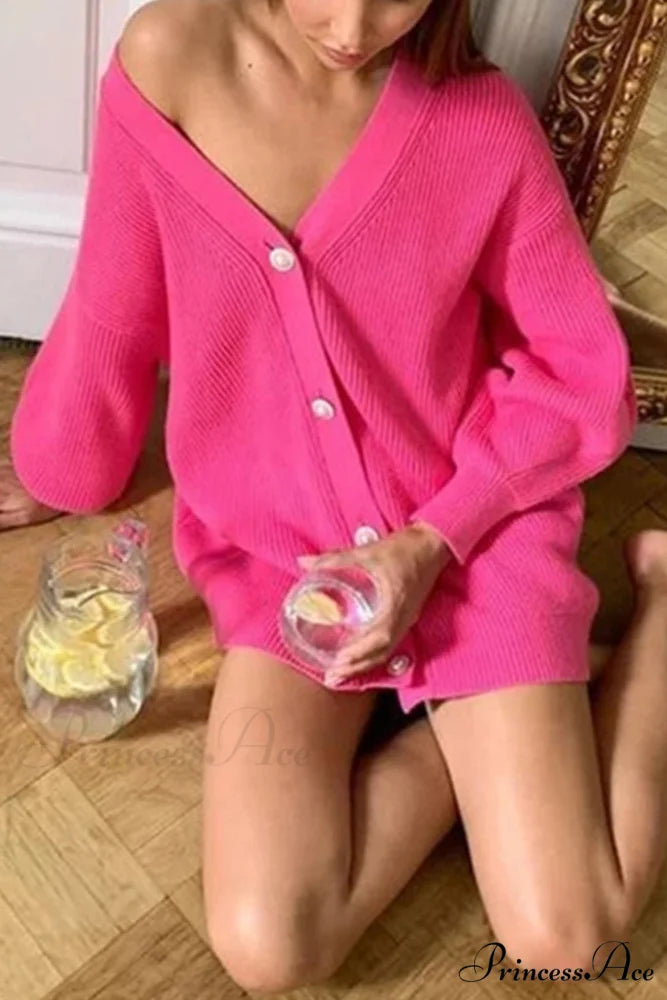 Puff Sleeve Cardigan with Pearl Buttons Rose / S