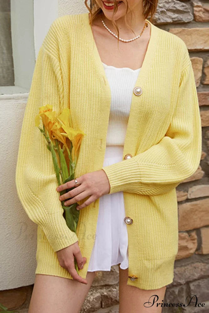 Puff Sleeve Cardigan with Pearl Buttons Yellow / S