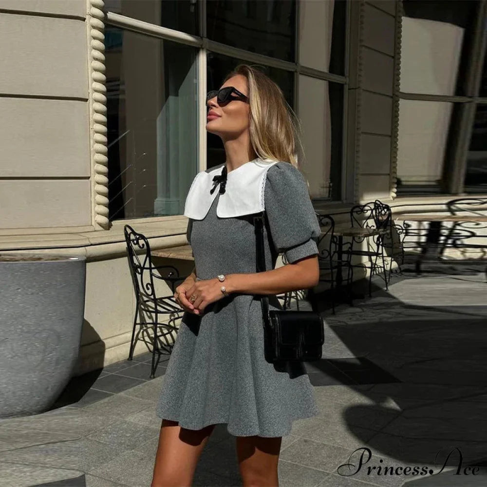 Puff SLeeve Collar Charming Ribbed Mini Dress 02 gray / L