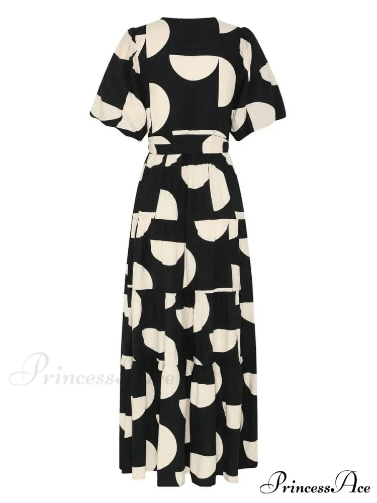 Puff Sleeve V-Neck Charming Geometric Print Midi Dress