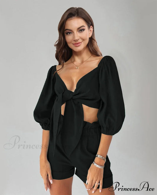 Puff Top Set and Arm with Shorts Cutout Black / S