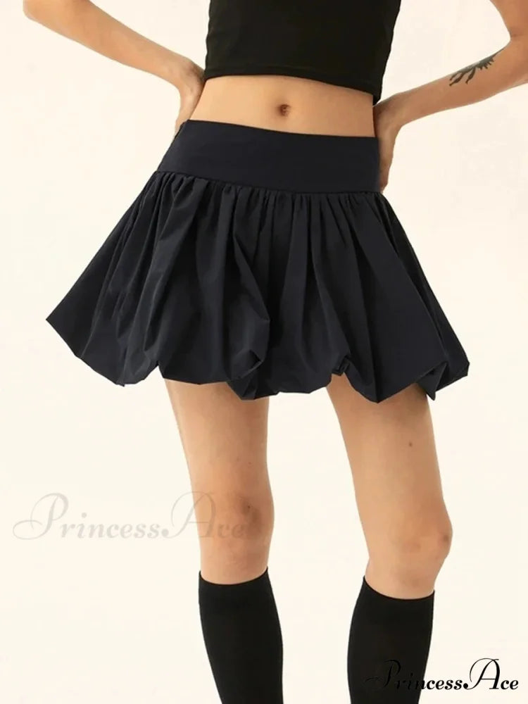 Puffy Frill Hem Pleated Skirt Black / S skirts-250223