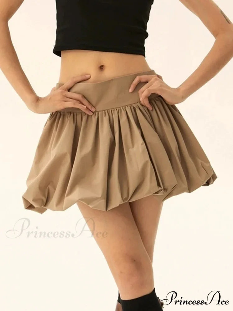 Puffy Frill Hem Pleated Skirt Khaki / S skirts-250223