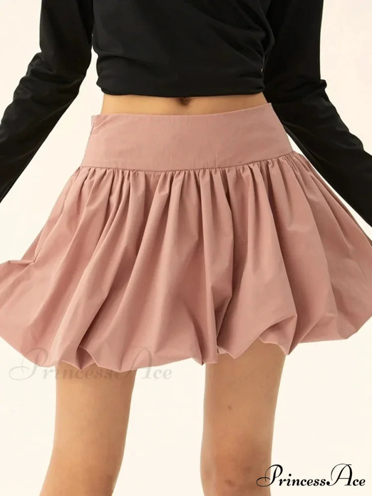 Puffy Frill Hem Pleated Skirt Pink / S skirts-250223