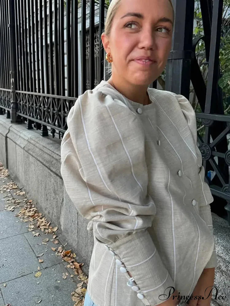 Puffy Sleeve Slanted Button Striped Top blouse-250223