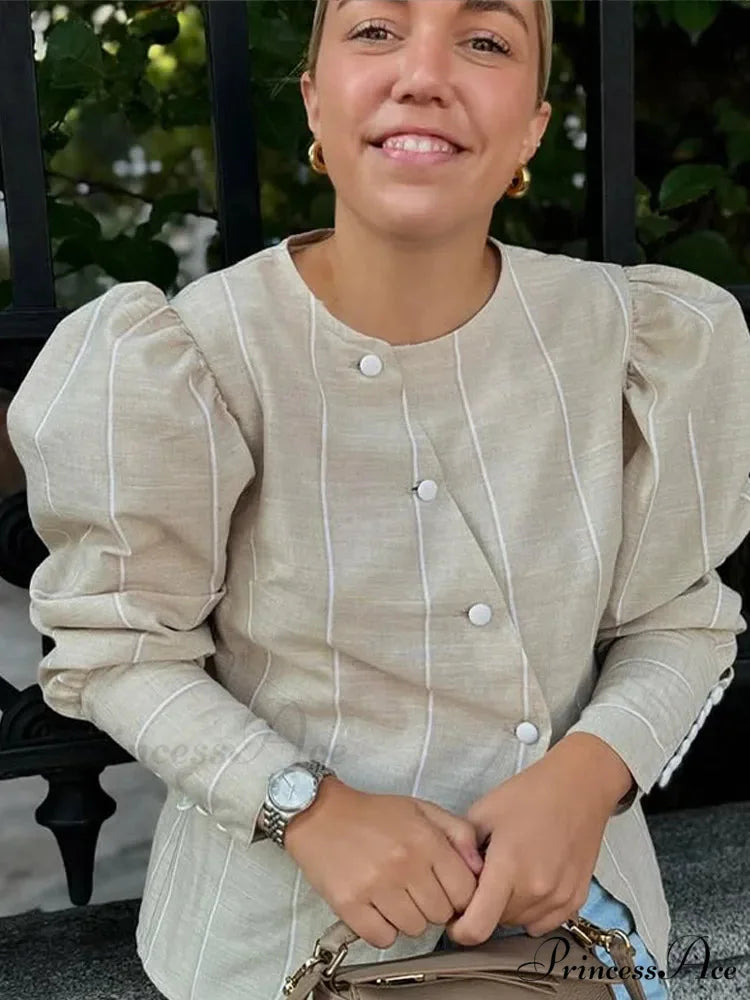 Puffy Sleeve Slanted Button Striped Top blouse-250223