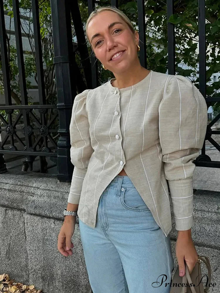 Puffy Sleeve Slanted Button Striped Top blouse-250223