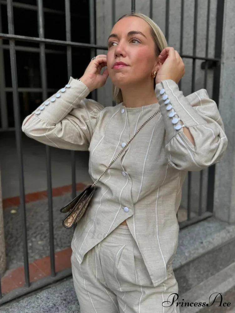 Puffy Sleeve Slanted Button Striped Top blouse-250223