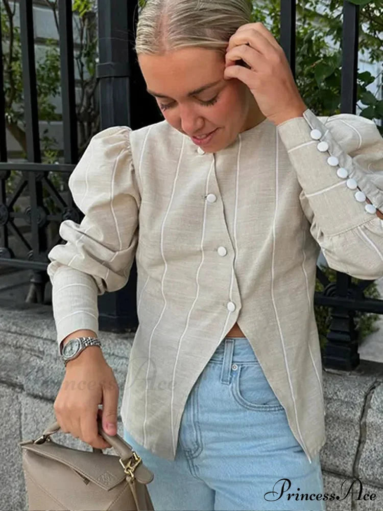 Puffy Sleeve Slanted Button Striped Top White / S blouse-250223