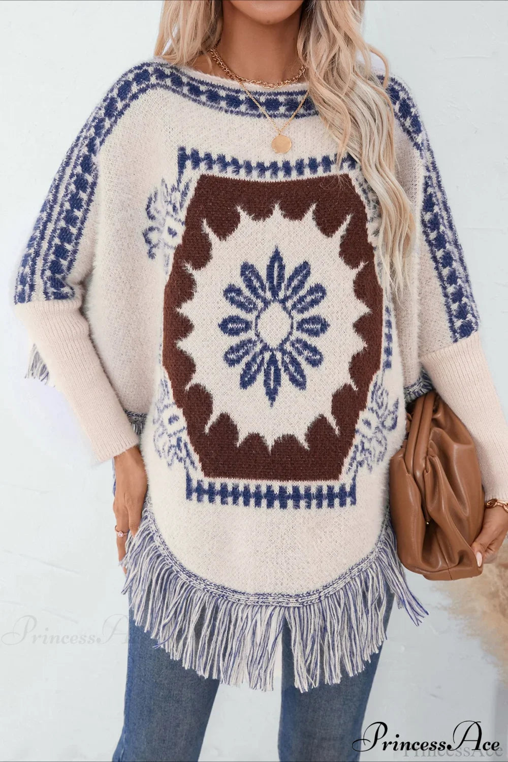 Pullover Knit Ethnic Long Sleeve Blouse Apricot / One Size