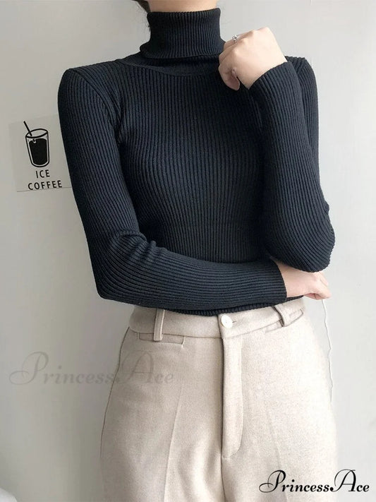 Pullover Turtleneck Solid Color Top black / One Size