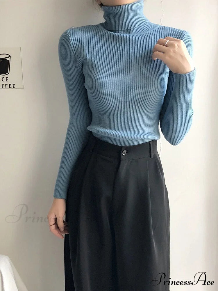 Pullover Turtleneck Solid Color Top bule / One Size