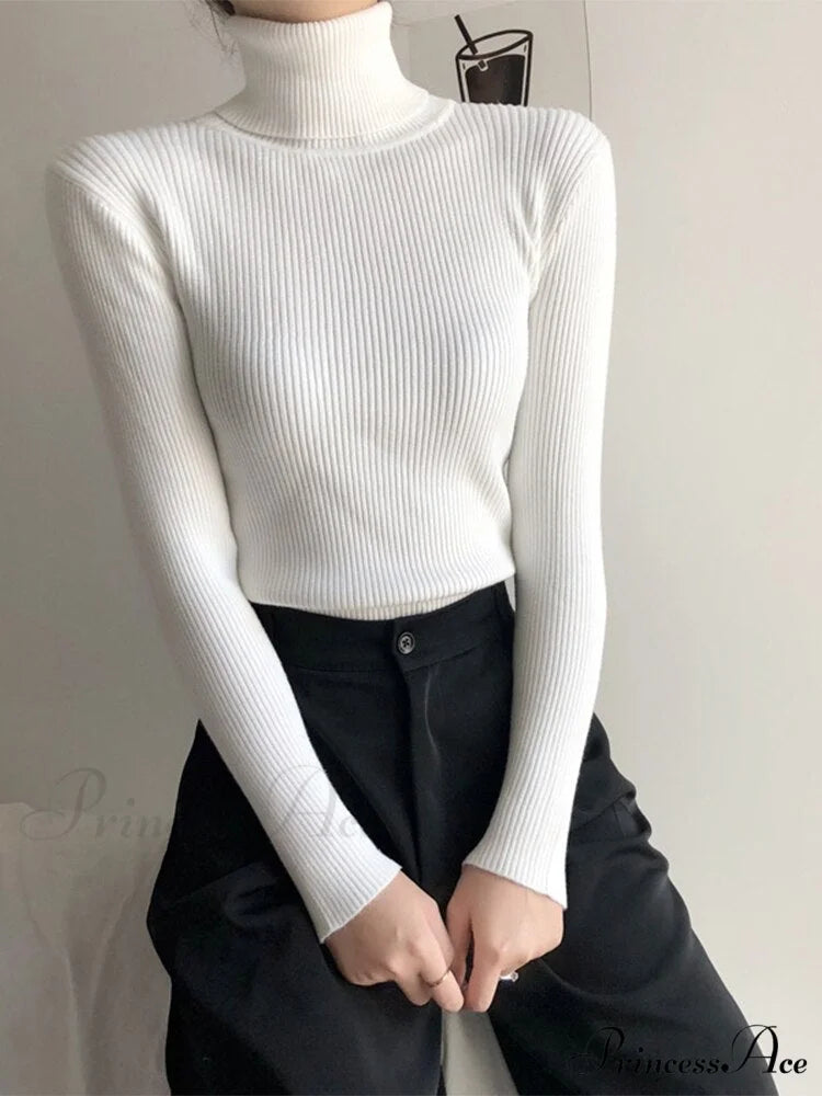 Pullover Turtleneck Solid Color Top white / One Size