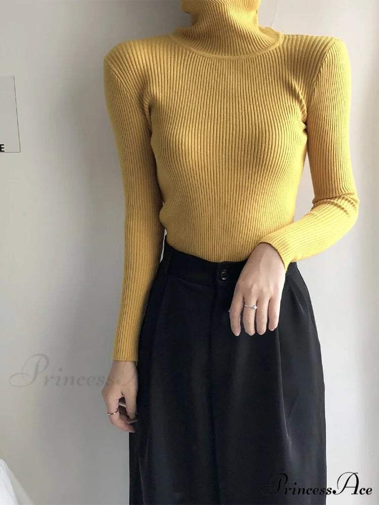 Pullover Turtleneck Solid Color Top yellow / One Size