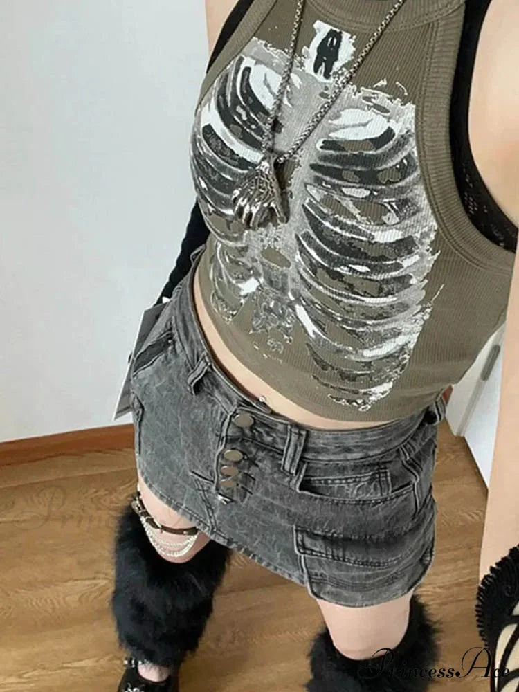Punk Aesthetic Cyber Retro X-ray Skeleton Print Sleeveless Vest ArmyGreen Crop Designer Clothes Women 2024 Summer Emo