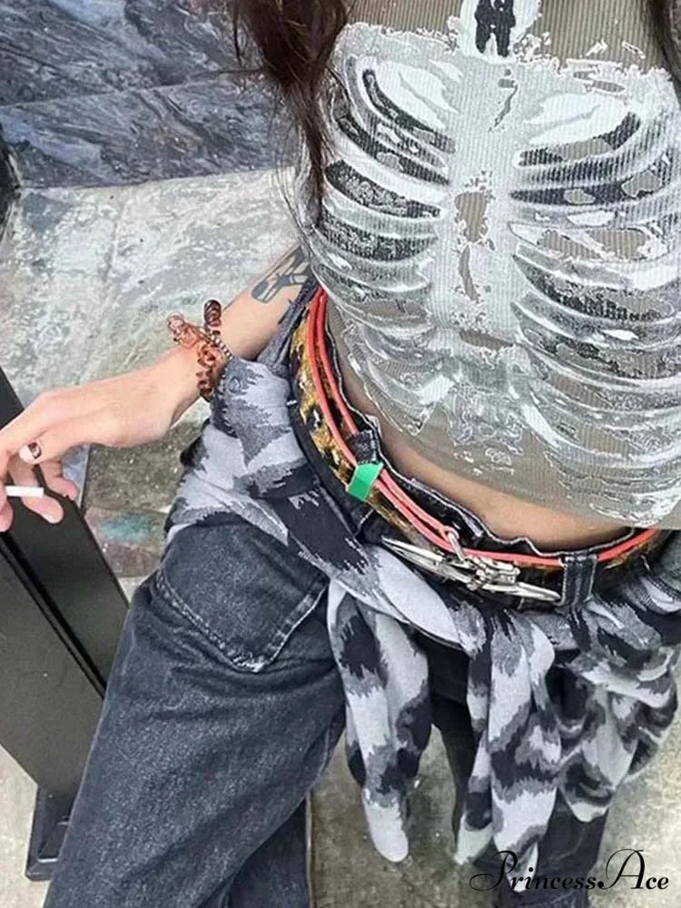 Punk Aesthetic Cyber Retro X-ray Skeleton Print Sleeveless Vest ArmyGreen Crop Designer Clothes Women 2024 Summer Emo