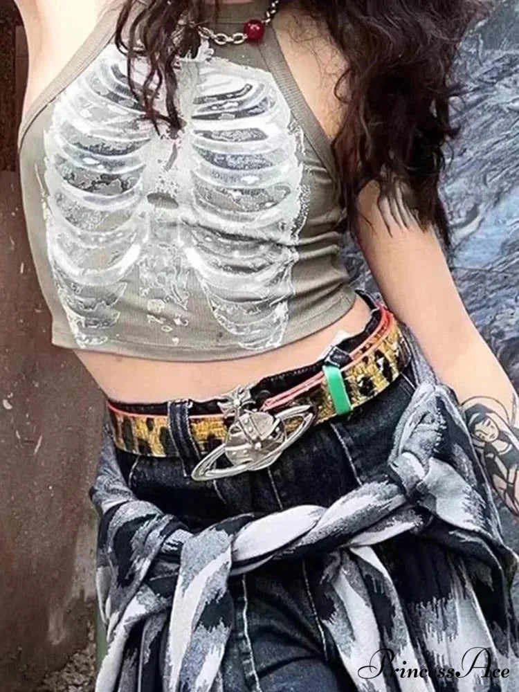 Punk Aesthetic Cyber Retro X-ray Skeleton Print Sleeveless Vest ArmyGreen Crop Designer Clothes Women 2024 Summer Emo