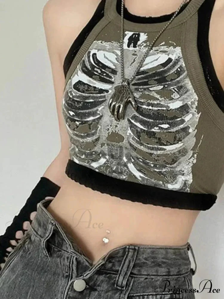 Punk Aesthetic Cyber Retro X-ray Skeleton Print Sleeveless Vest ArmyGreen Crop Designer Clothes Women 2024 Summer Emo
