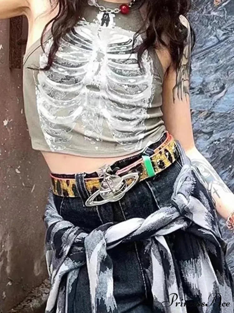 Punk Aesthetic Cyber Retro X-ray Skeleton Print Sleeveless Vest ArmyGreen Crop Designer Clothes Women 2024 Summer Emo