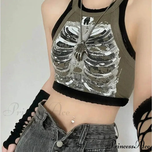 Punk Aesthetic Cyber Retro X-ray Skeleton Print Sleeveless Vest ArmyGreen Crop Designer Clothes Women 2024 Summer Emo