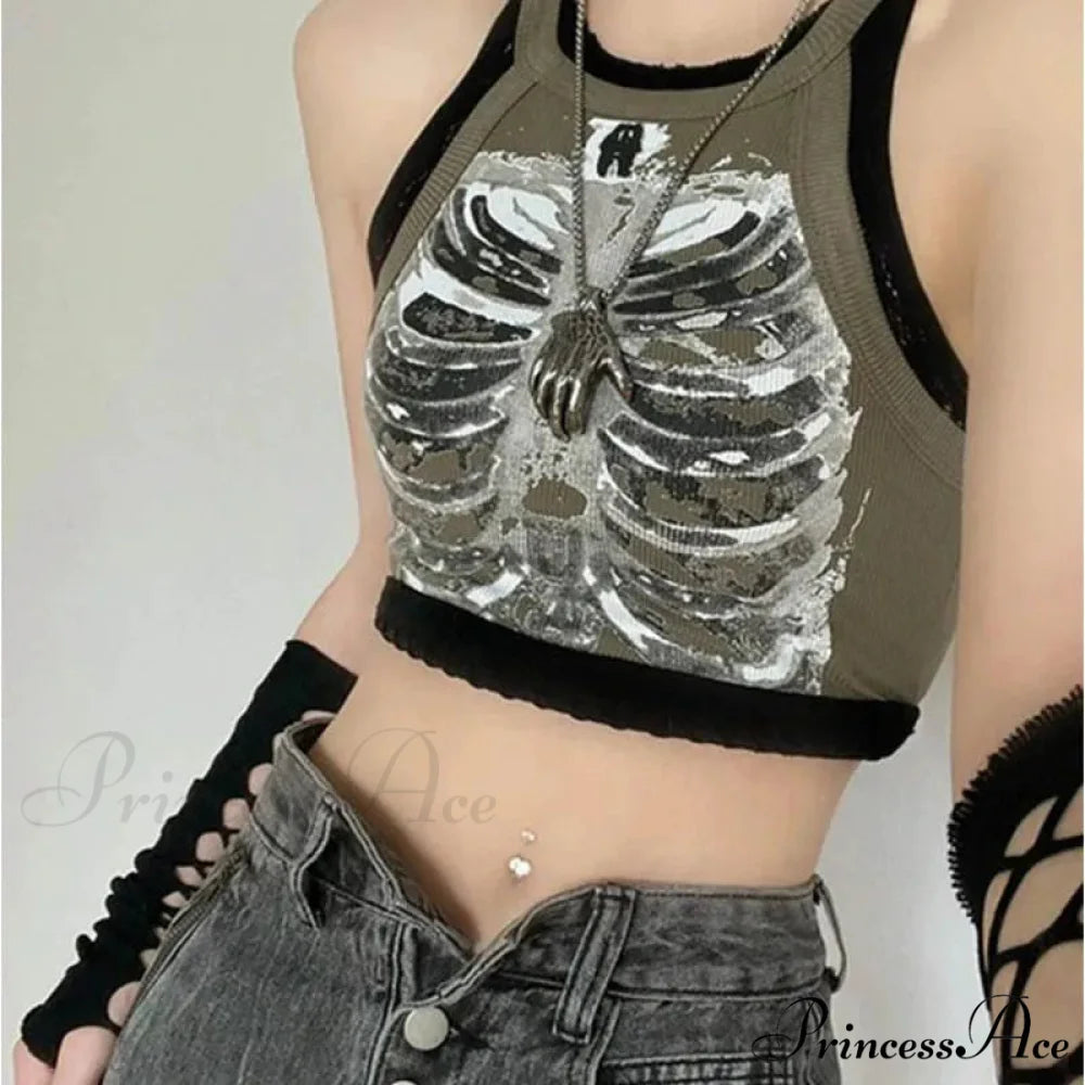Punk Aesthetic Cyber Retro X-ray Skeleton Print Sleeveless Vest ArmyGreen Crop Designer Clothes Women 2024 Summer Emo