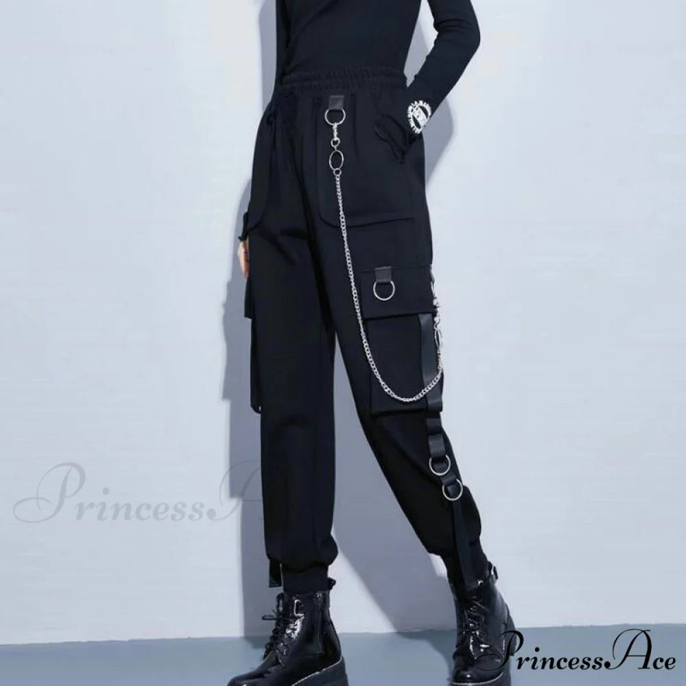 Punk Black Female Joggers Cargo Pants Black With Chain / XS