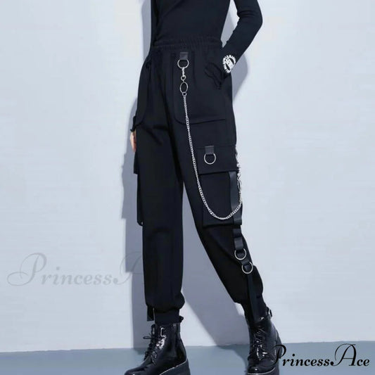 Punk Black Female Joggers Cargo Pants Black With Chain / XS