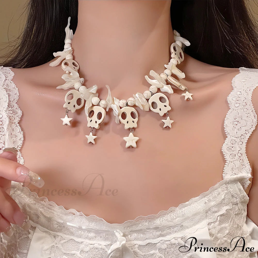 Punk Bow Skull Beaded Cross Star Pendant Necklace WHITE