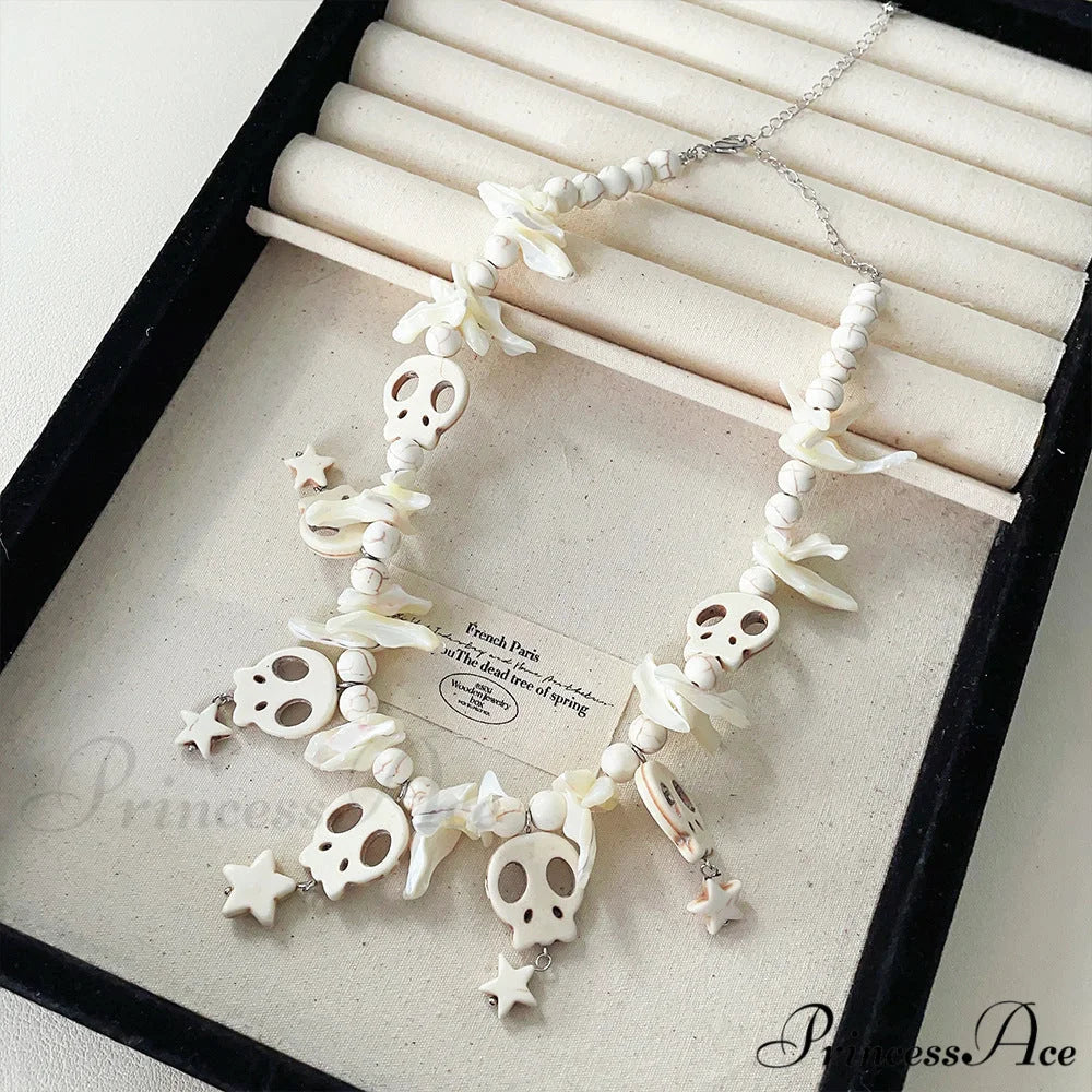 Punk Bow Skull Beaded Cross Star Pendant Necklace WHITE