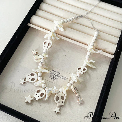 Punk Bow Skull Beaded Cross Star Pendant Necklace WHITE