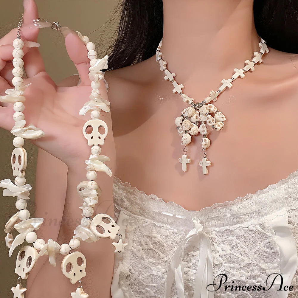 Punk Bow Skull Beaded Cross Star Pendant Necklace WHITE