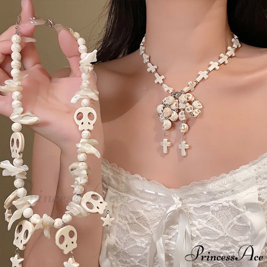 Punk Bow Skull Beaded Cross Star Pendant Necklace WHITE