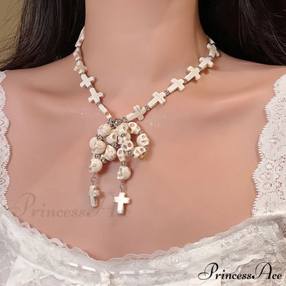 Punk Bow Skull Beaded Cross Star Pendant Necklace WHITE
