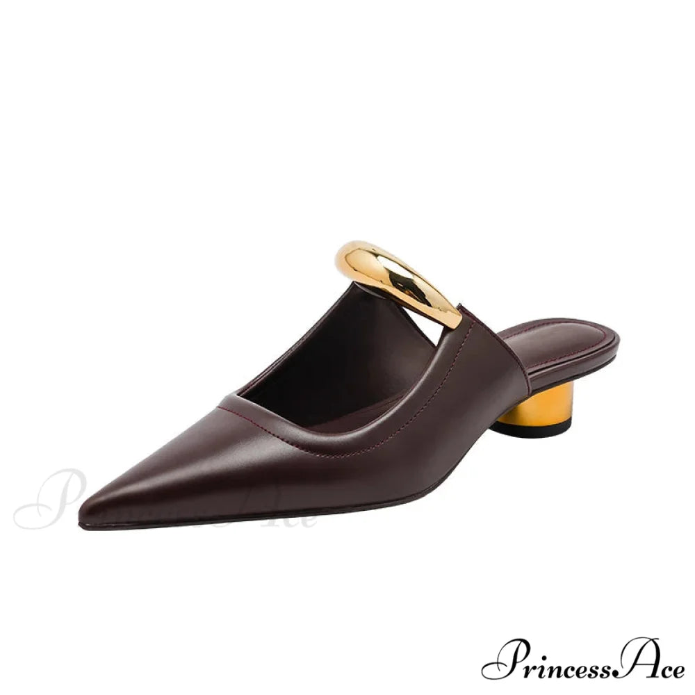 Punk Gothic Metal Buckle Low Heels Pointed Thick Heeled Platform Low Heel Pump Brown / 35