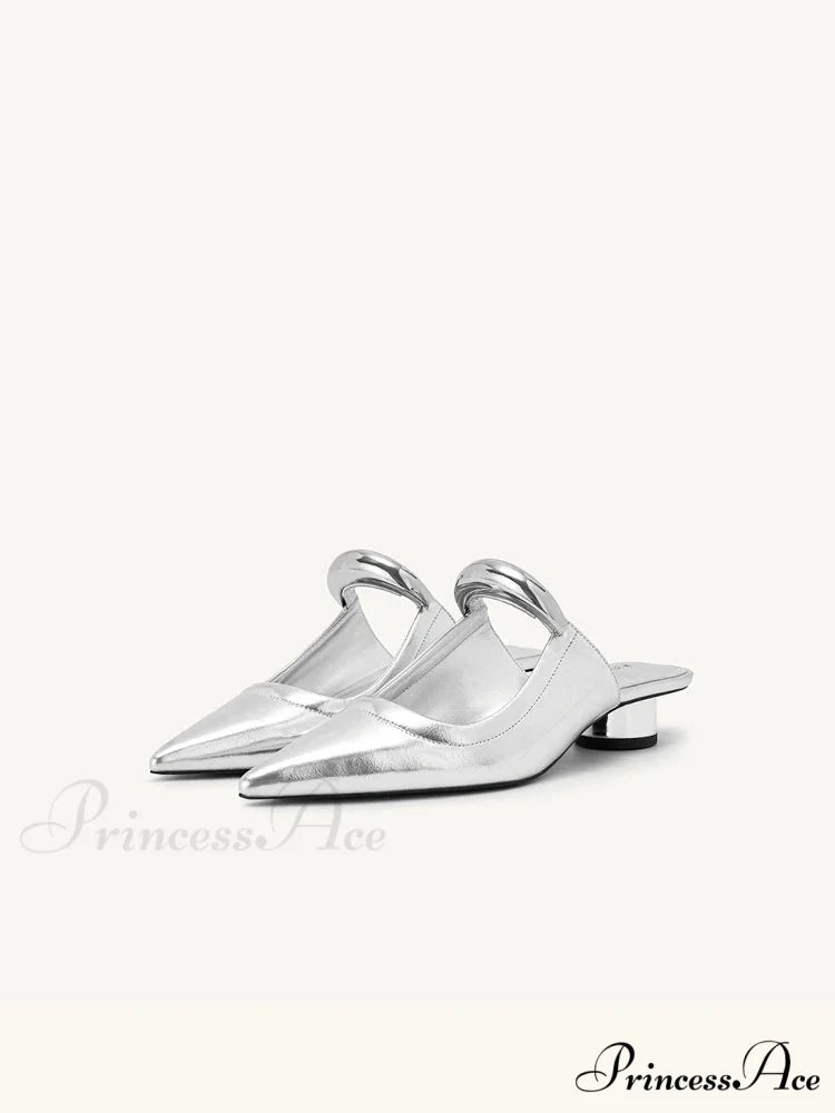 Punk Gothic Metal Buckle Low Heels Pointed Thick Heeled Platform Low Heel Pump Silver / 35